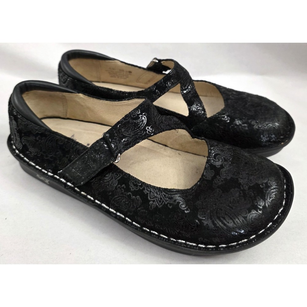 Alegria Jill (Sz 38 W) Paisley Leather Comfort Mary Jane Clog Shoes Black Womens